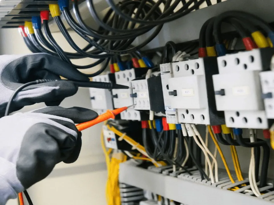 Hände mit Schutzhandschuhen bei der Messung elektrischer Komponenten im Schaltschrank