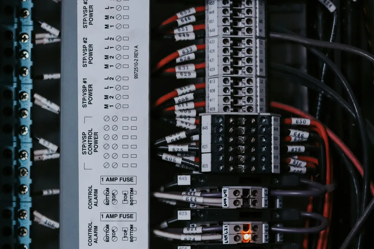 Wiring and terminals inside an industrial control cabinet